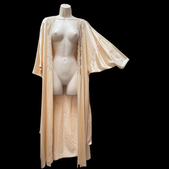 Vintage Peach Satin Robe Lace Trim Belted 50s Style Dolman Sleeve Loungewear M/L - Picture 3 of 13
